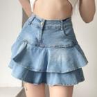 Frayed Ruffle Hem Mini Denim Skirt