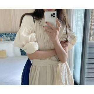 Mandarin-collar Crinkled Long Shirtdress With Sash