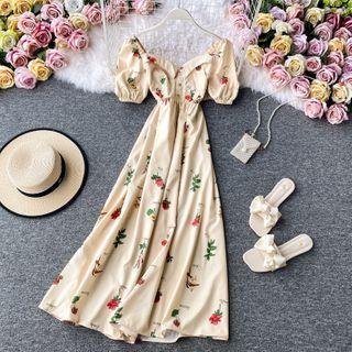 Puff-sleeve Floral Print Slim-cut Dress
