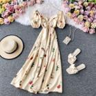 Puff-sleeve Floral Print Slim-cut Dress