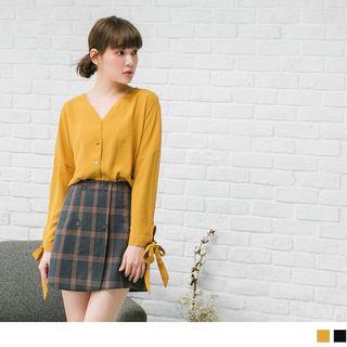 Lace Up Sleeve V-neck Blouse