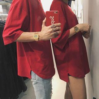 Couple Matching Elbow-sleeve Plain T-shirt