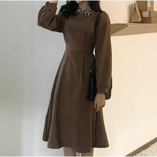 Long-sleeve Leopard Print Collar A-line Dress