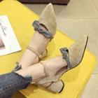 Bow-accent Faux Suede Pointed Block Heel Pumps