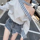 Striped Off-shoulder Long-sleeve Loose-fit Blouse As Figure - One Size