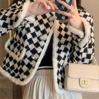 Houndstooth Fluffy Trim Button Jacket