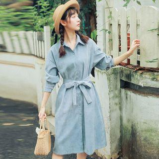 Long-sleeve Midi Shirtdress Blue - One Size