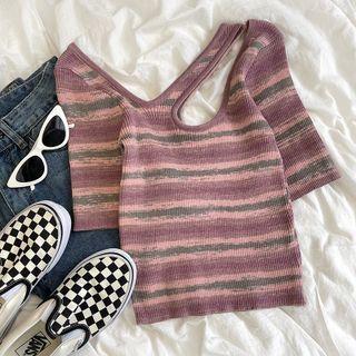 Short-sleeve Striped Cut-out Knit Top