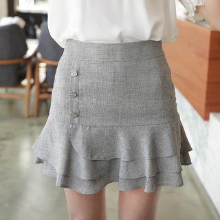 Frill-hem Button-detail Mini Skirt