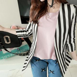 Collarless Stripe Linen Jacket