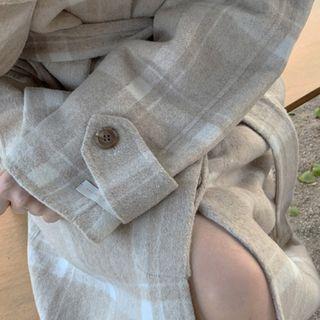 Hidden-button Wool Blend Long Checked Coat With Sash Oatmeal - One Size