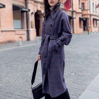 Double Breasted Tie-waist Plaid Coat