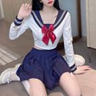 Set: Sailor Collar Blouse + Bow Tie + Pleated A-line Skirt