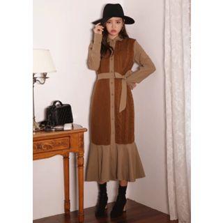 Knit-panel Maxi Mermaid Shirtdress With Sash