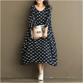 3/4-sleeve Printed A-line Midi Dress