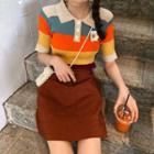 Short-sleeve Striped Knit Polo Shirt As Shown In Figure - One Size