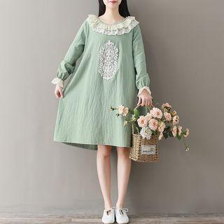 Long-sleeve Eyelet Lace Panel A-line Dress