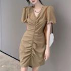 Short-sleeve Plain Shirred Mini Bodycon Dress