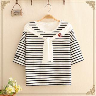 Book Embroidered Inset Scarf Striped Short-sleeve Tee