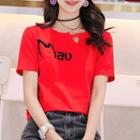 Short-sleeve Cut Out Cat Print T-shirt