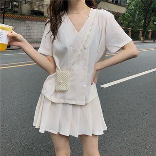 Double-breasted Blouse / Pleated Mini Skirt