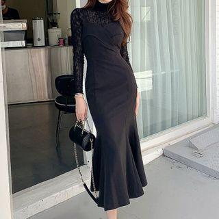 Set: Long-sleeve Lace Top + Spaghetti Strap Midi Mermaid Dress