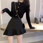 Mock-turtleneck Knit Top / Pinstriped Mini A-line Skirt