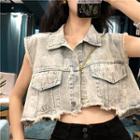 Buttoned Cropped Denim Vest / Contrast Trim Embroidered Moon Cropped Tube Top / Fitted Denim Shorts