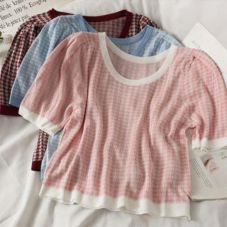 Checker Puff-sleeve Crop Top In 5 Colors