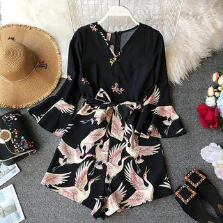 V-neck Crane Printed Playsuit