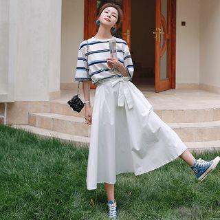 Set: Elbow-sleeve Striped T-shirt + Midi A-line Skirt
