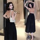 Plain Crewneck Open-back Slim-fit Short-sleeve Top / Plain High-waist Loose-fit Skirt