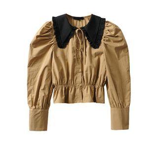 Contrast Collar Puff-sleeve Cropped Blouse