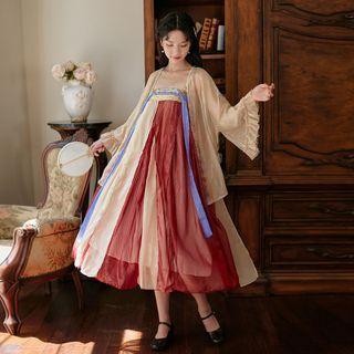 Spaghetti-strap A-line Hanfu Dress / Bell-sleeve Open-front Jacket