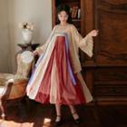 Spaghetti-strap A-line Hanfu Dress / Bell-sleeve Open-front Jacket