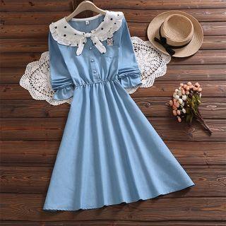Long-sleeve Dotted Panel Button-up Denim A-line Dress
