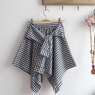 Front-knot Plaid Mini A-line Skirt Black - One Size