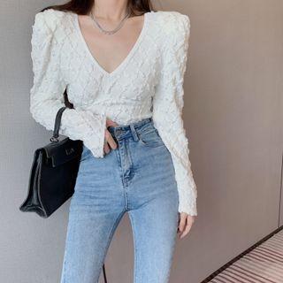 Long-sleeve V-neck Argyle Plaid Shirt