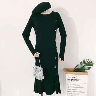 Button-detail Rib-knit Midi Sweater Dress