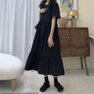 Short-sleeve Plain A-line Midi Dress Dress - Black - One Size