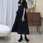 Short-sleeve Plain A-line Midi Dress Dress - Black - One Size