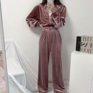 Set: Cropped Velvet Hooded Zip Jacket + Wide-leg Pants