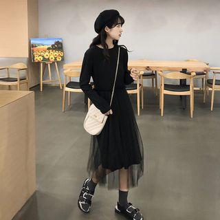 Long-sleeve Midi Mesh-overlay A-line Dress