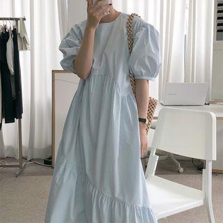 Puff-sleeve Plaid Midi Shift Dress