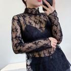 Mock Neck Long-sleeve Lace Top Black - One Size