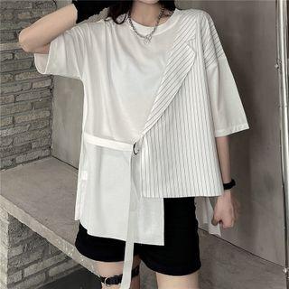 Mock Two-piece Elbow-sleeve Pleated T-shirt