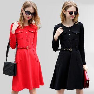 Belted Long-sleeve Dress