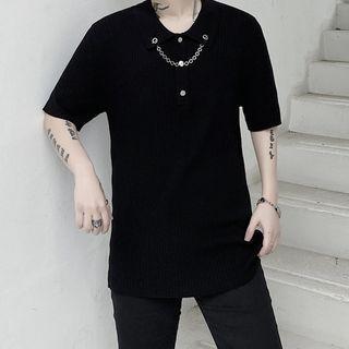 Polo-neck Elbow-sleeve Rib Knit Top