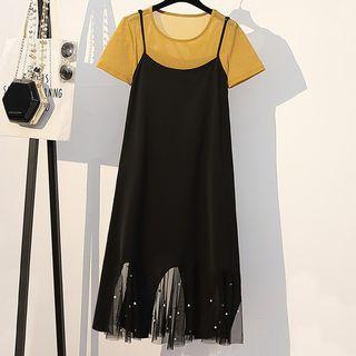 Set: Short-sleeve T-shirt + Spaghetti Strap Mesh Paneled Midi Dress