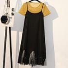 Set: Short-sleeve T-shirt + Spaghetti Strap Mesh Paneled Midi Dress